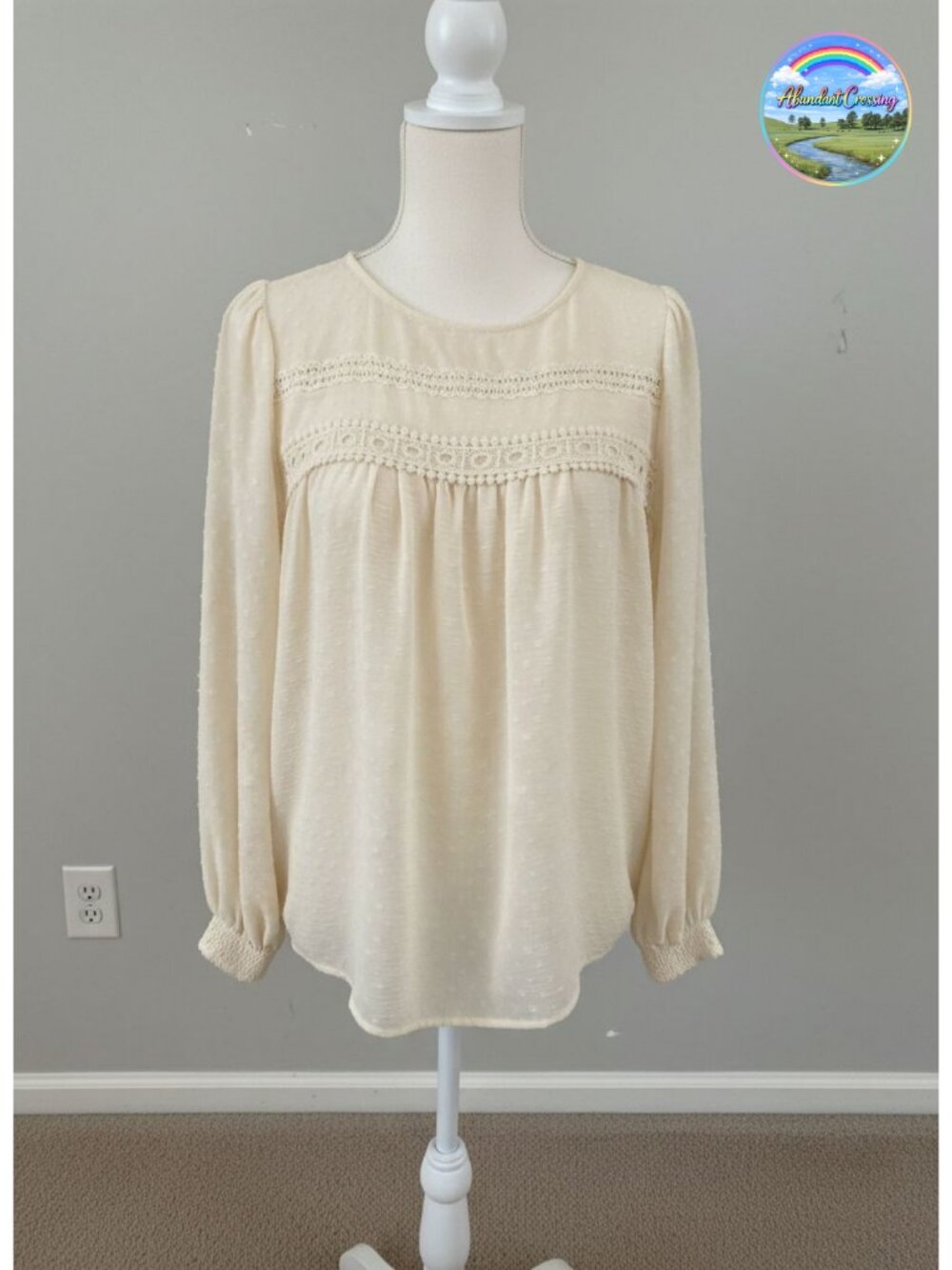 Womens Boho Lace Crochet Long Sleeve Blouse Crew Neck Flowy Top